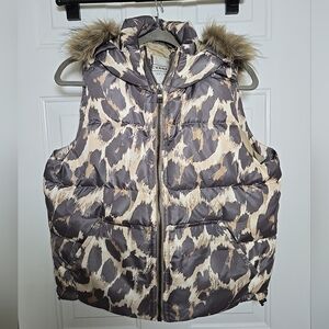 Coach Ladies Puffer Animal Print Down Vest/Faux Fur Trim Gray & Tan Medium